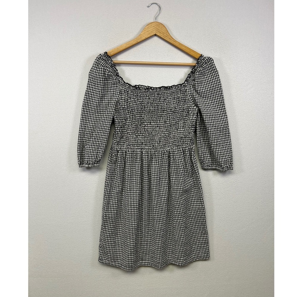 Prairie Farmcore MNG Casual Women 2 Black Gingham Smocked Square Neck Mini Dress